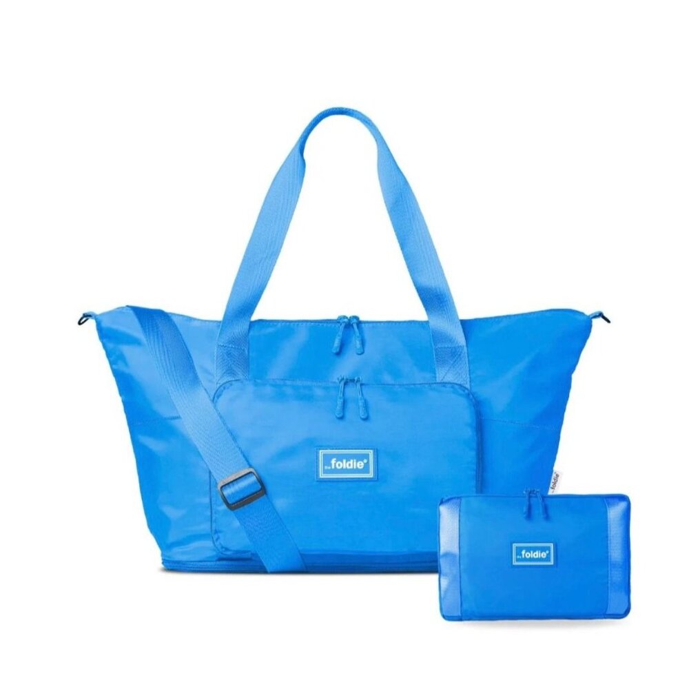 Foldie Blue Nylon Foldable Travel Duffel Bag With Adjustable Strap & Pouch
